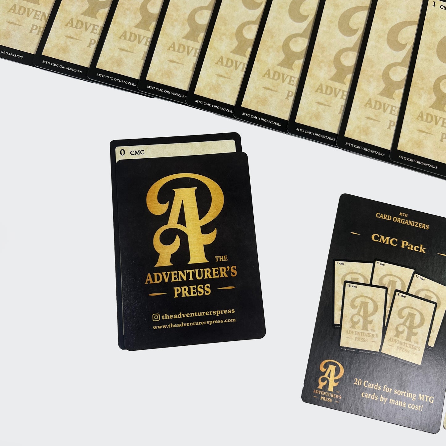 Close up shot of card organizers behind a standard size playing card for reference.