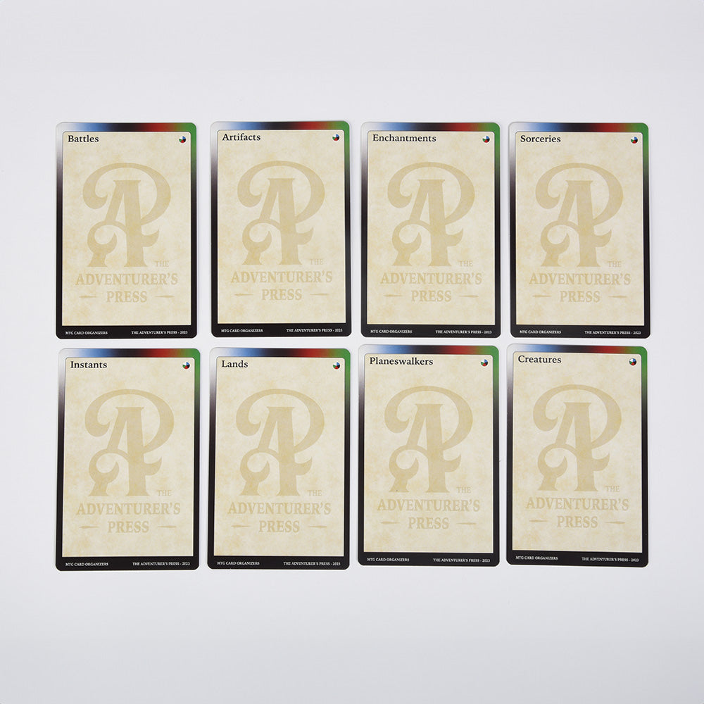 8 organizers cards with a multicolor border for Battles, Artifacts, Enchantments, Sorceries, Instants, Lands, Planeswalkers, and Creatures.