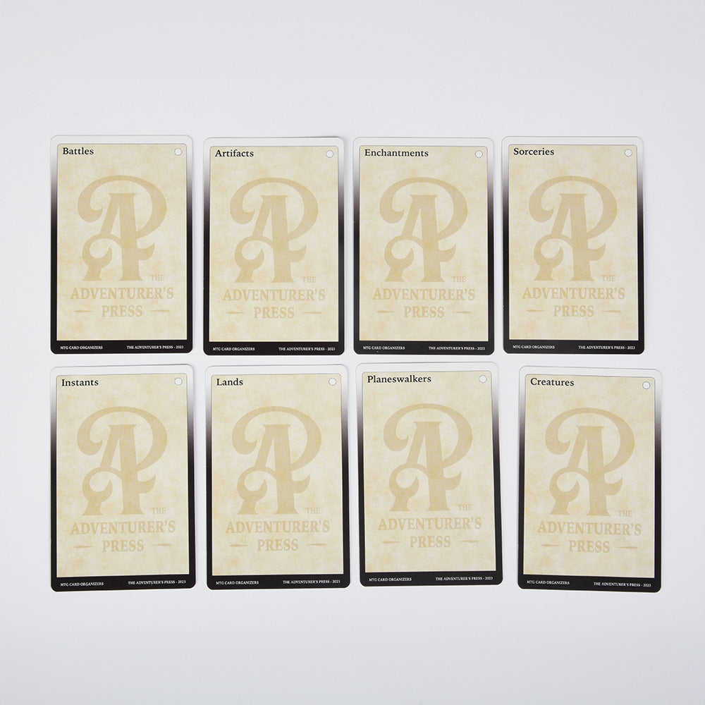 8 organizers cards with a white border for Battles, Artifacts, Enchantments, Sorceries, Instants, Lands, Planeswalkers, and Creatures.