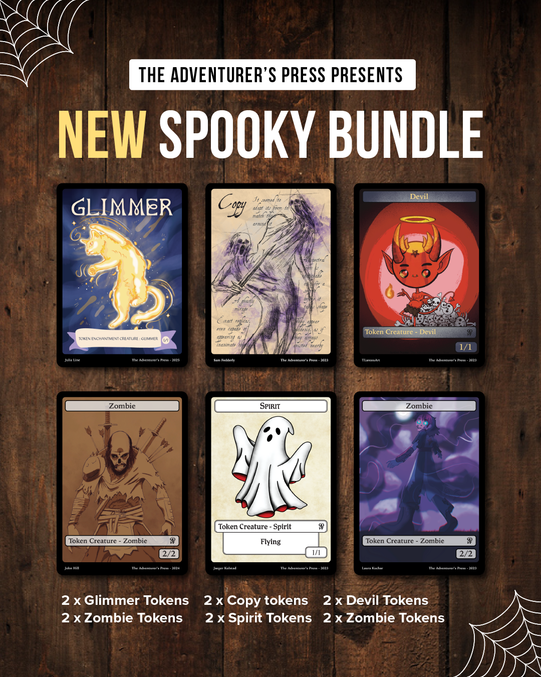 Promotional image for 'New Spooky Bundle' featuring cards with spooky designs on a wooden background.