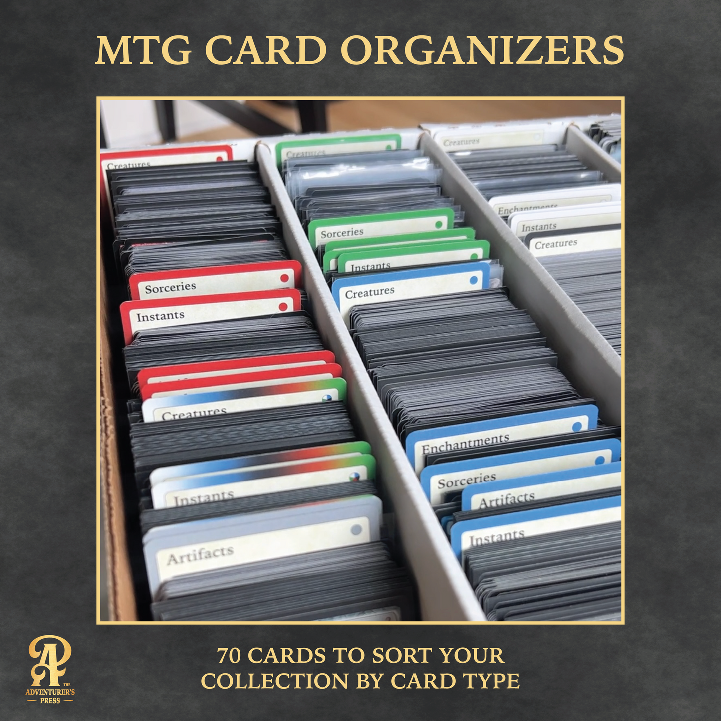 Image of MTG card organizers in context of a cardboard storage box with title "MTG Card Organizers" and subtitle "70 cards to sort your collection by card type