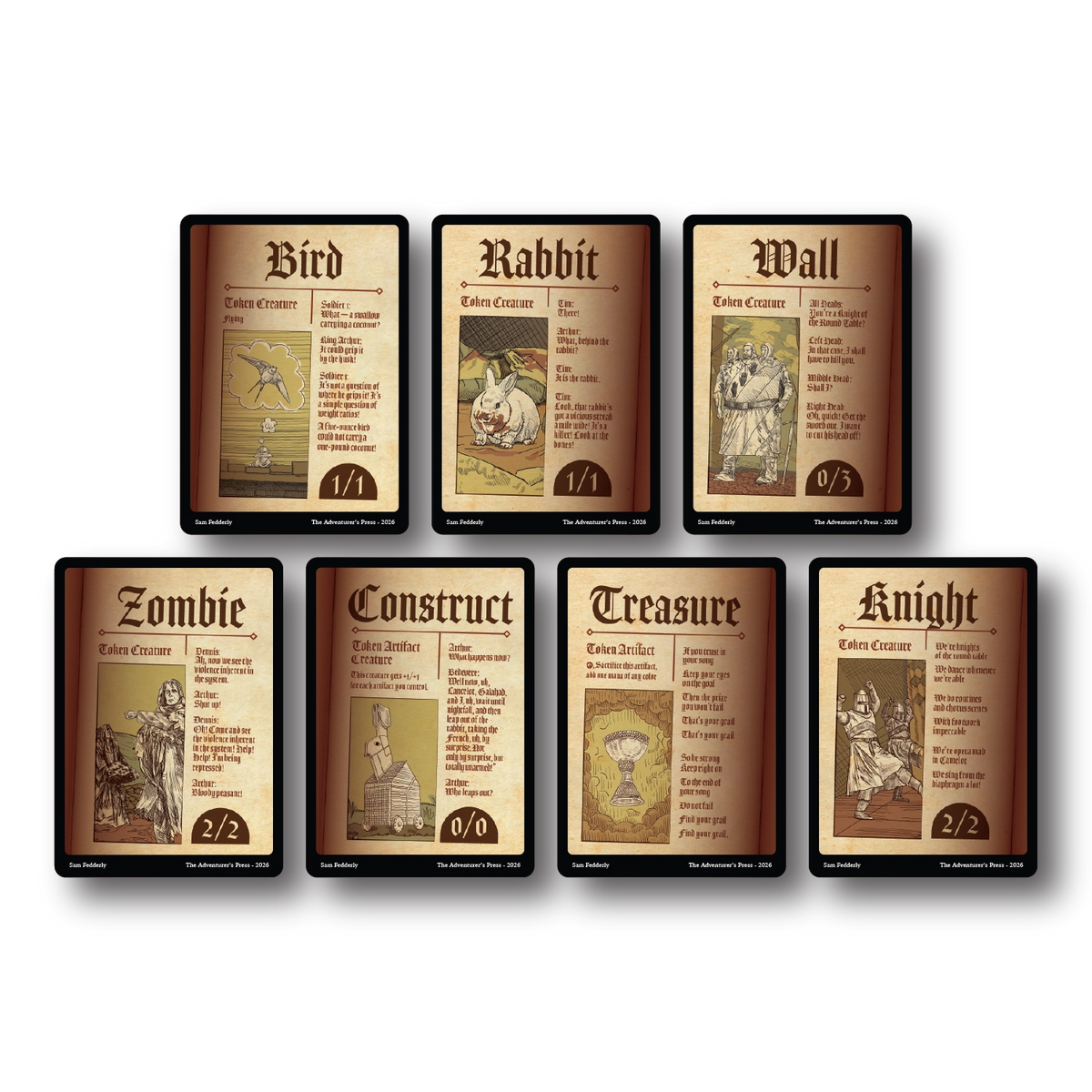 Image of bird, rabbit, wall, zombie, construct, treasure, and knight tokens