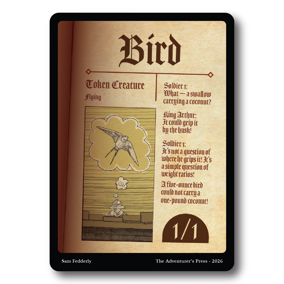 A single printed card or book page titled "Bird" with fantasy-style text, an illustration of a flying bird, and a dark border around the page. The visible text includes "Token Creature," "Flying," and "1/1.