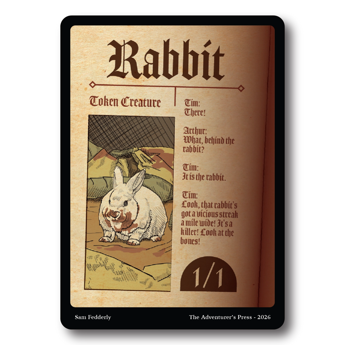 A vintage-style illustrated card or booklet page titled "Rabbit" with text reading "Token Creature" and a small illustration of a rabbit, shown against a black background. The page includes publisher text at the bottom: "Sam Fedderly" and "The Adventurer's Press - 2026.