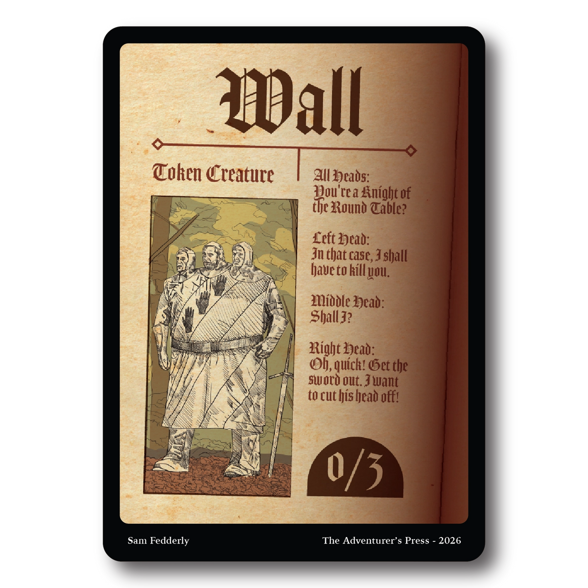 A single collectible card or book insert titled "Wall" shown against a black background. The insert has an aged parchment design with black gothic text, a small illustration of three armored figures, and a dark brown "0/3" box.