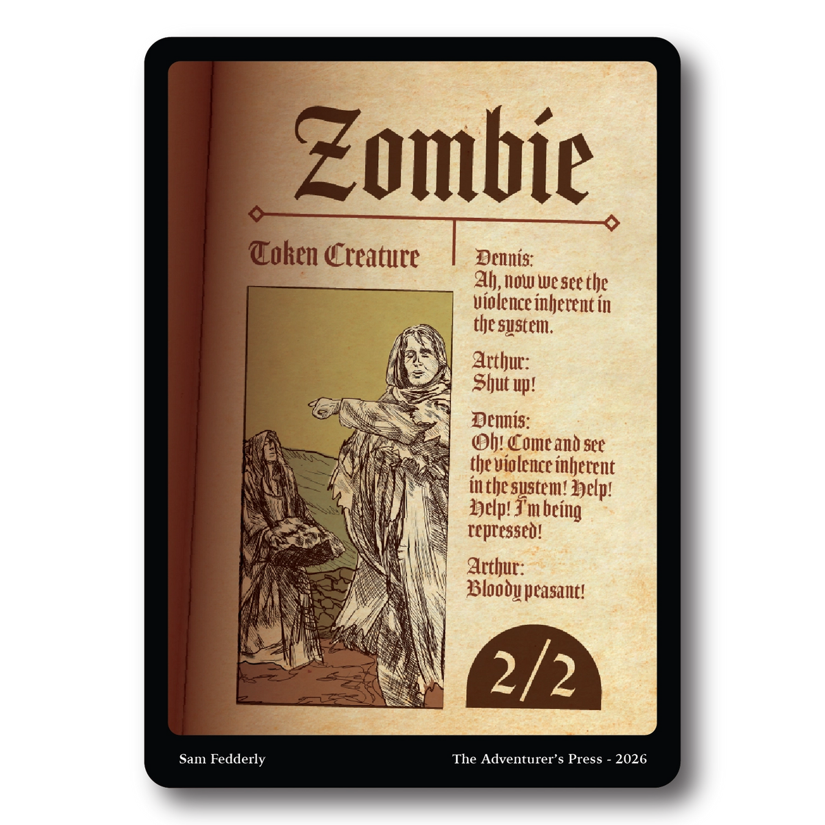 A single tabletop gaming card titled "Zombie" from The Adventurer's Press, shown against a black background. The card has a parchment-style tan face with dark brown text and an illustration of a hooded figure, plus a black border around the card.