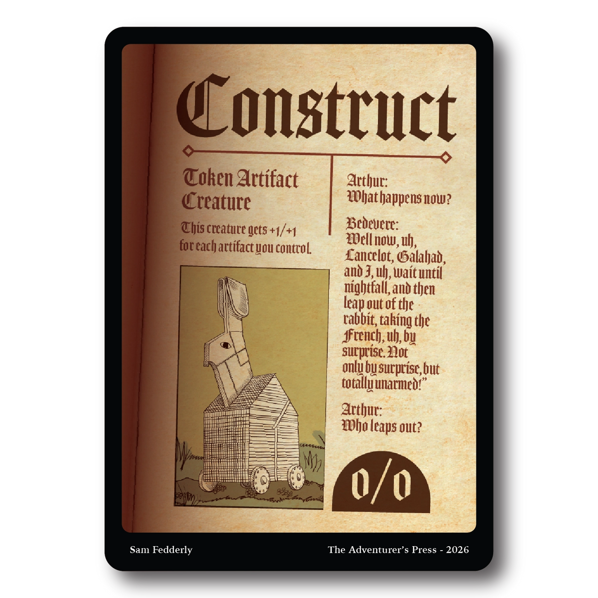 A single book or card cover shown front-on against a black background. The cover has a parchment-style tan face with dark brown text reading 'Construct' and 'Token Artifact Creature,' plus an illustration of a small wooden cart-like creature and a '0/0' symbol.