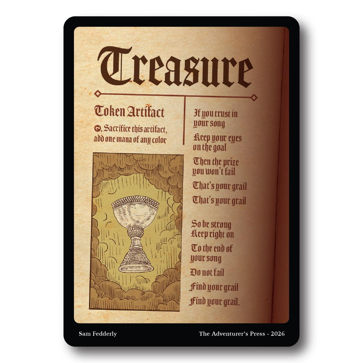 A book cover titled "Treasure" with an aged parchment design, black border, and a central illustration of a chalice. Visible text includes "Token Artifact," lyrics, and publisher text at the bottom reading "The Adventurer's Press - 2026.