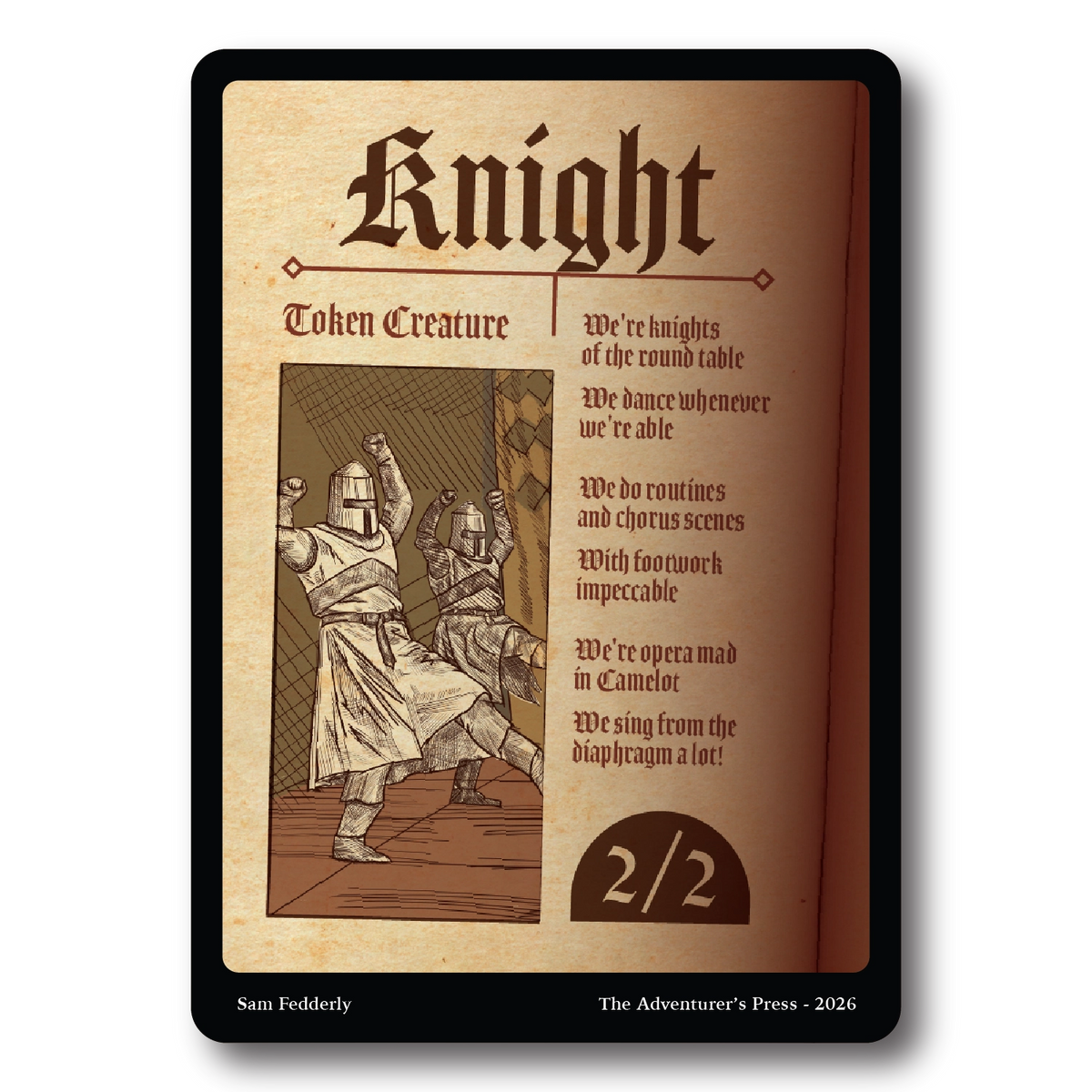 A single printed card or cover design for a fantasy knight token/creature, shown against a black background. The card has an aged parchment appearance with the title 'Knight' in large gothic font, additional text, a sepia illustration of armored knights, and a '2/2' symbol.