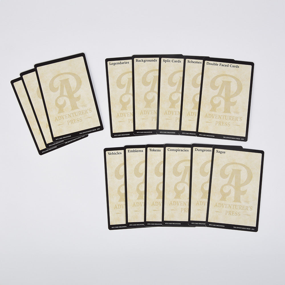 Extra cards with a black border for Legendaries, Backgrounds, Split Cards, Schemes, Double Faced Cards, Vehicles, Emblems, Tokens, Conspiracies, Dungeons, Sagas, and three extra blank cards