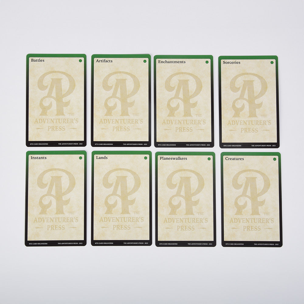 8 organizers cards with a green border for Battles, Artifacts, Enchantments, Sorceries, Instants, Lands, Planeswalkers, and Creatures.