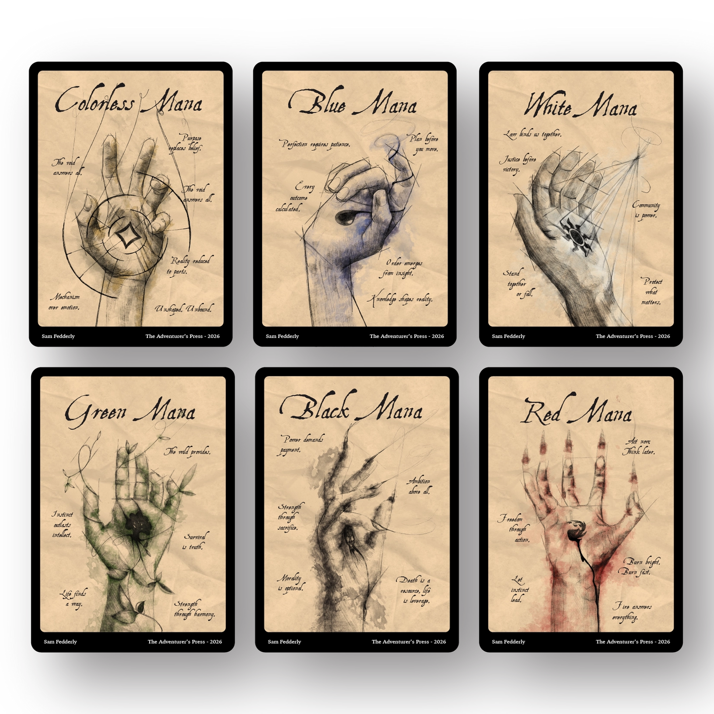 hands representing each mana color in magic the gathering