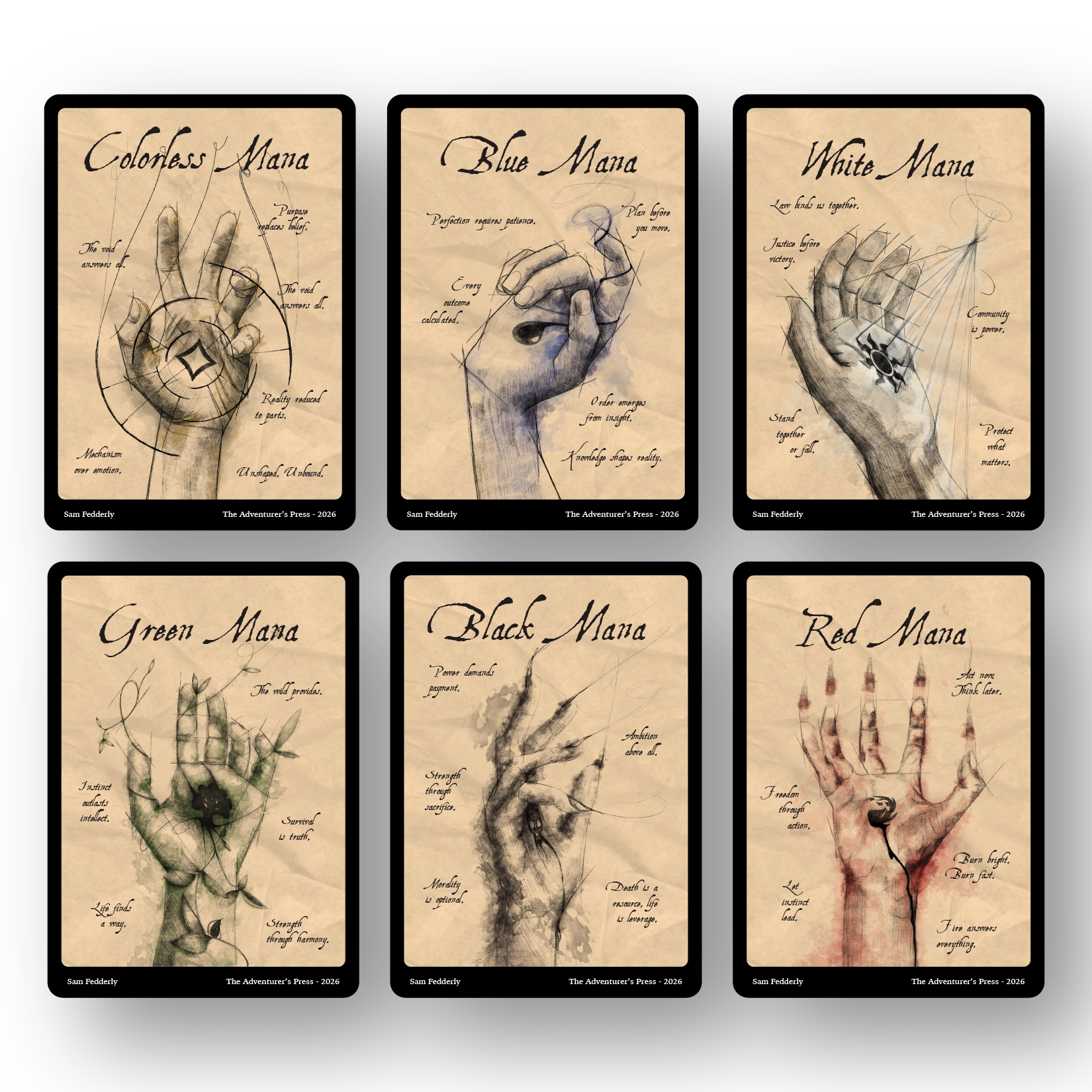 hands representing each mana color in magic the gathering