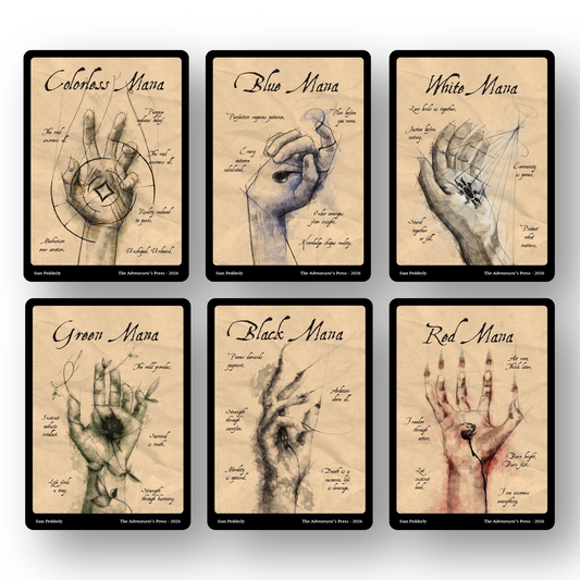 hands representing each mana color in magic the gathering