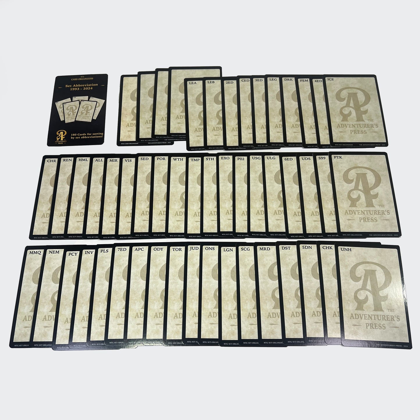 Image of Set Organizer cards for magic the gathering laid out on a white background