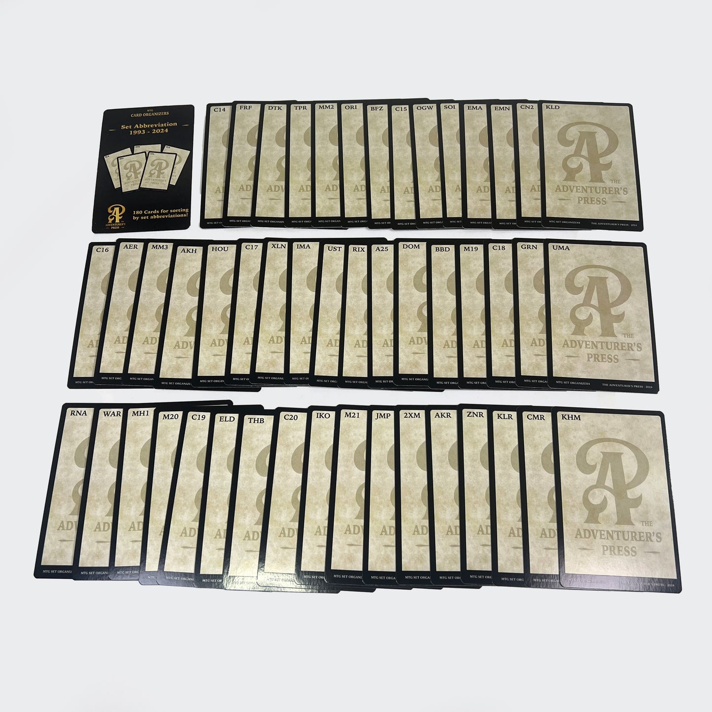 Image of Set Organizer cards for magic the gathering laid out on a white background