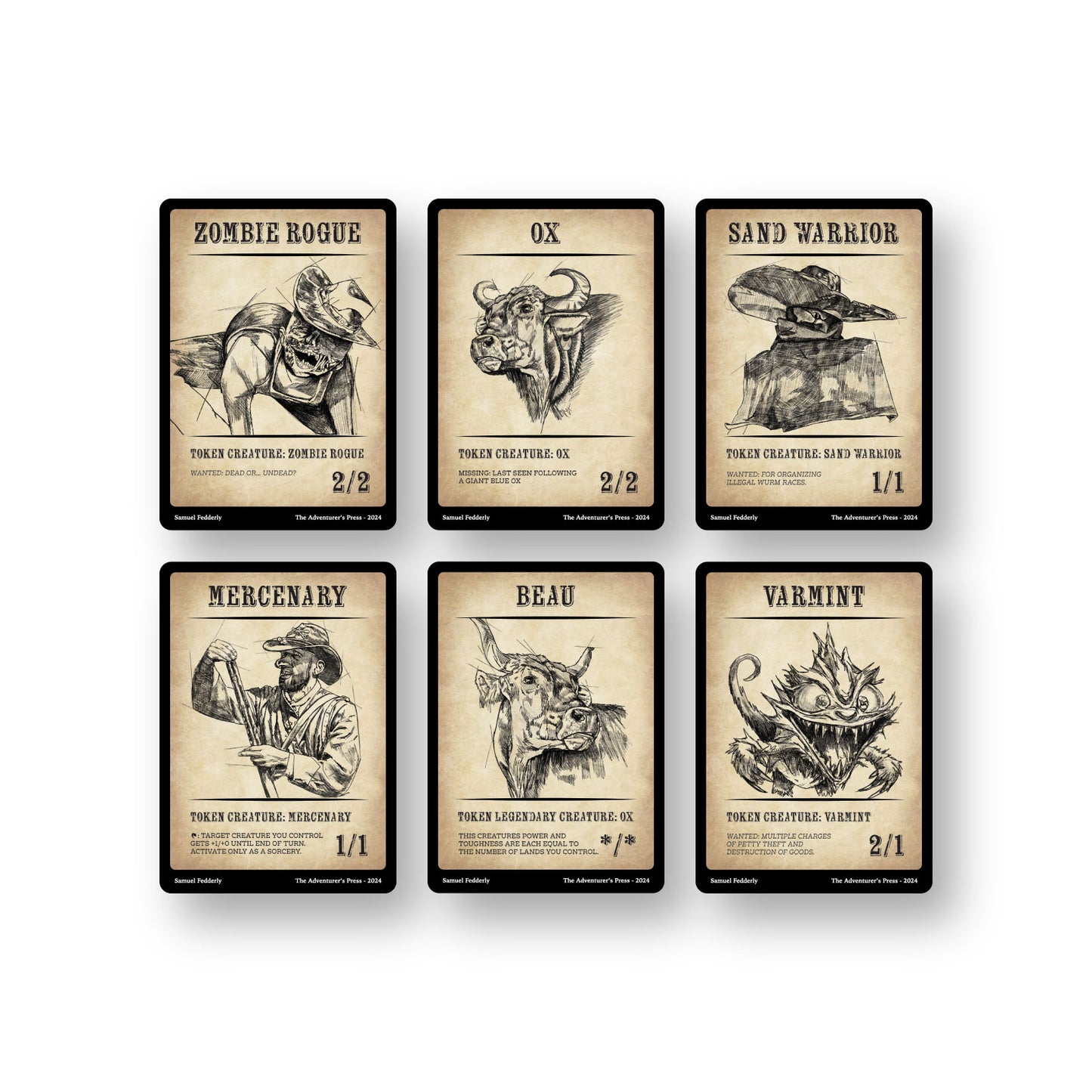 MTG Token Pack: Zombie Rogue, Ox, Sand Warrior, Mercenary, Beau, Varmint Tokens for mtg