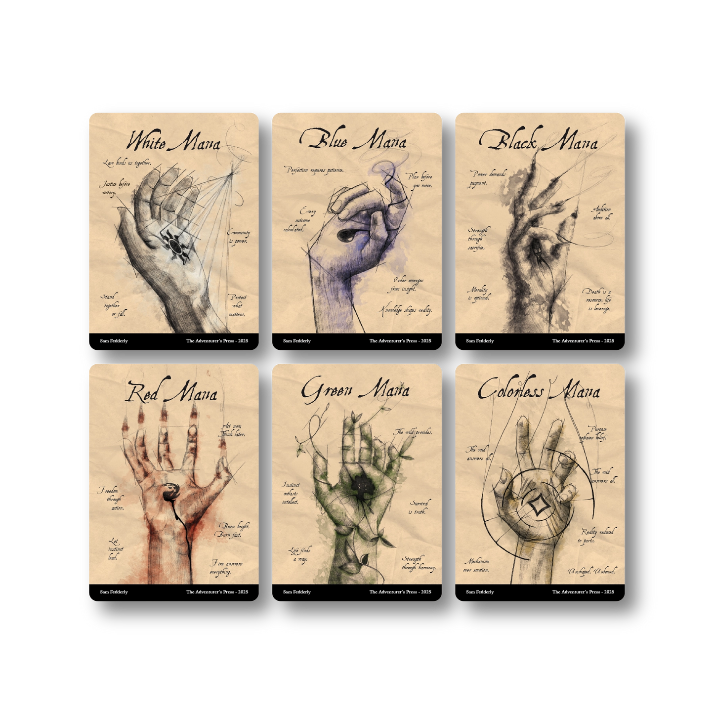 Set of six cards featuring hands with different colored markings on a beige background