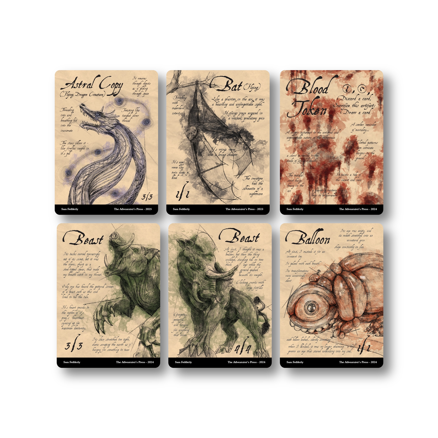 Set of six fantasy-themed cards with illustrations and text on a white background