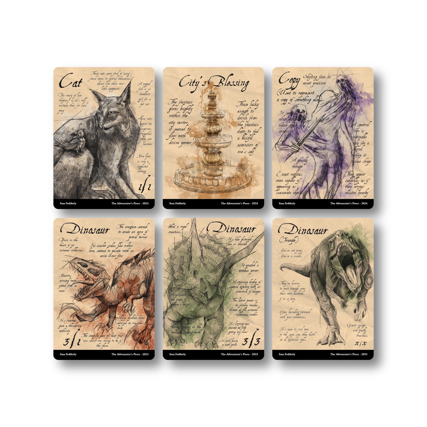 Set of six cards featuring various illustrations with text on a beige background