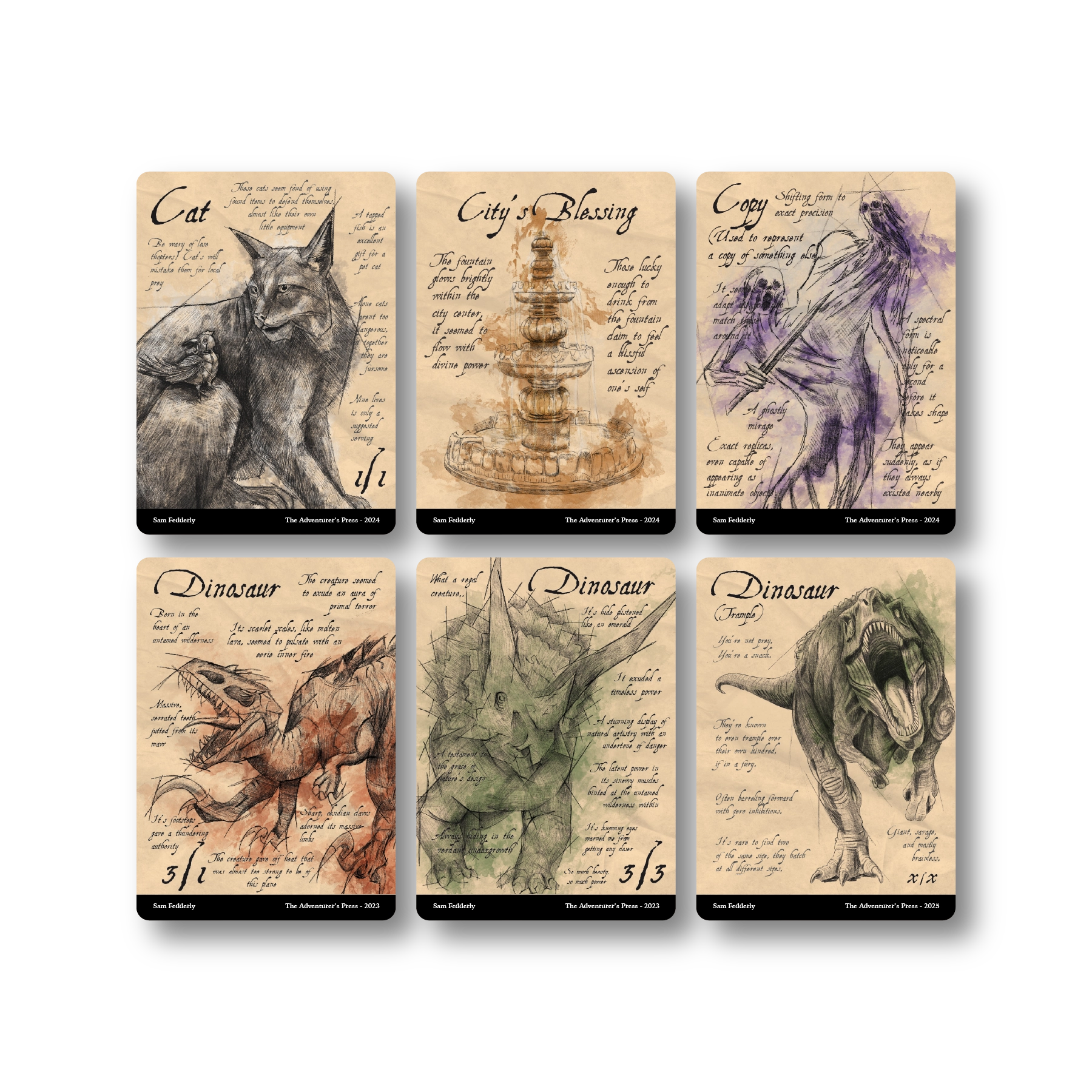 Set of six cards featuring various illustrations with text on a beige background