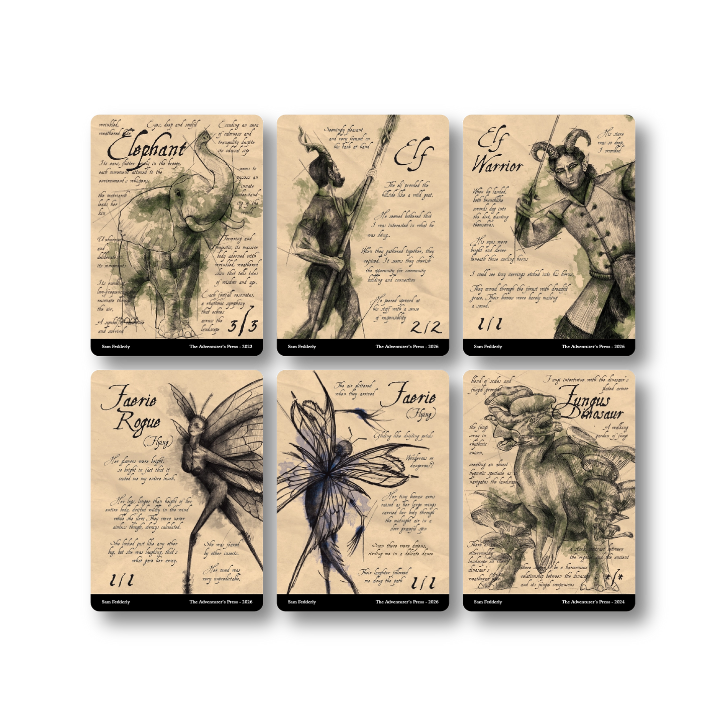 Set of six fantasy-themed cards with illustrations and text on a beige background
