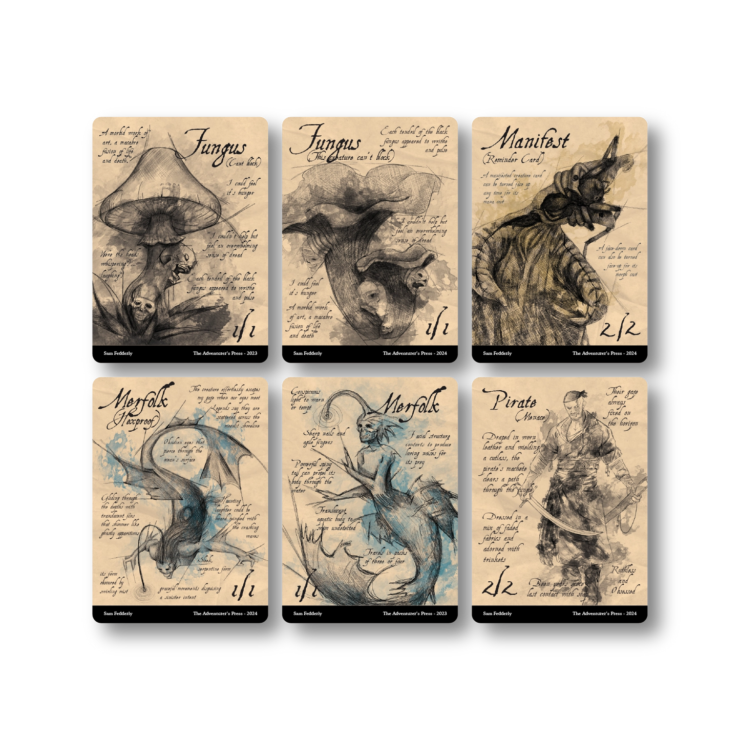 Set of six vintage-style cards with illustrations and text on a beige background