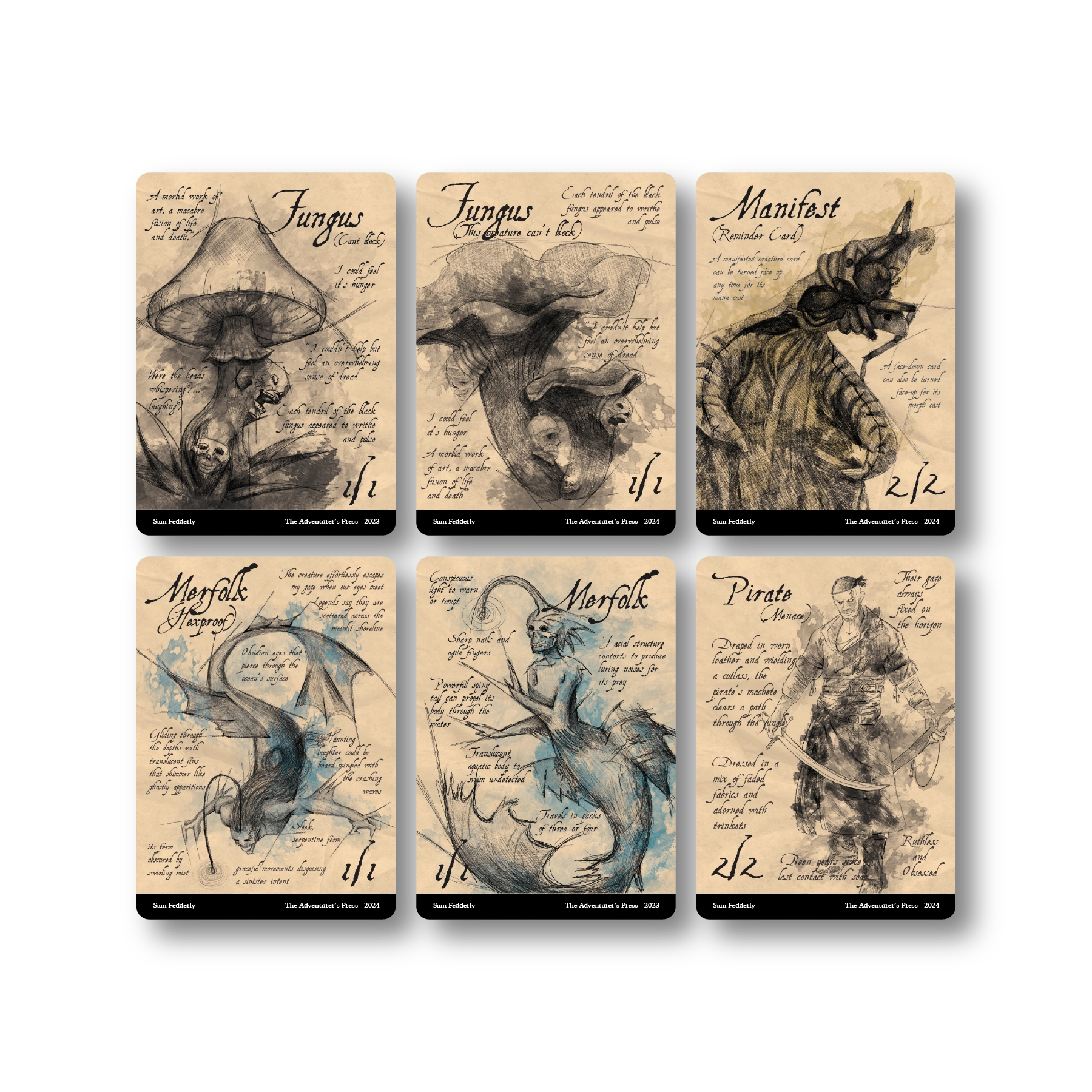 Set of six vintage-style cards with illustrations and text on a beige background
