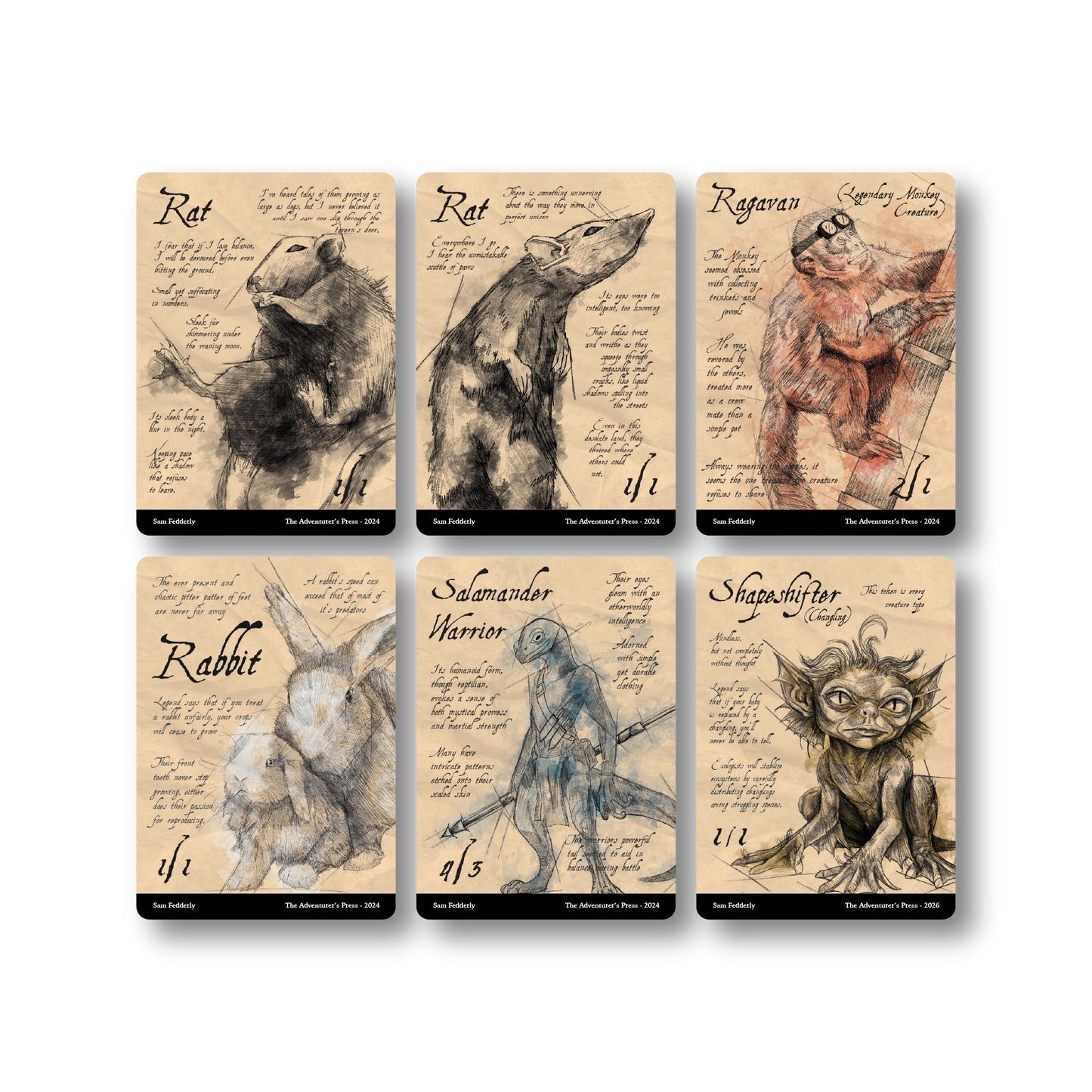 Set of six cards featuring illustrations of animals with descriptive text on a beige background.