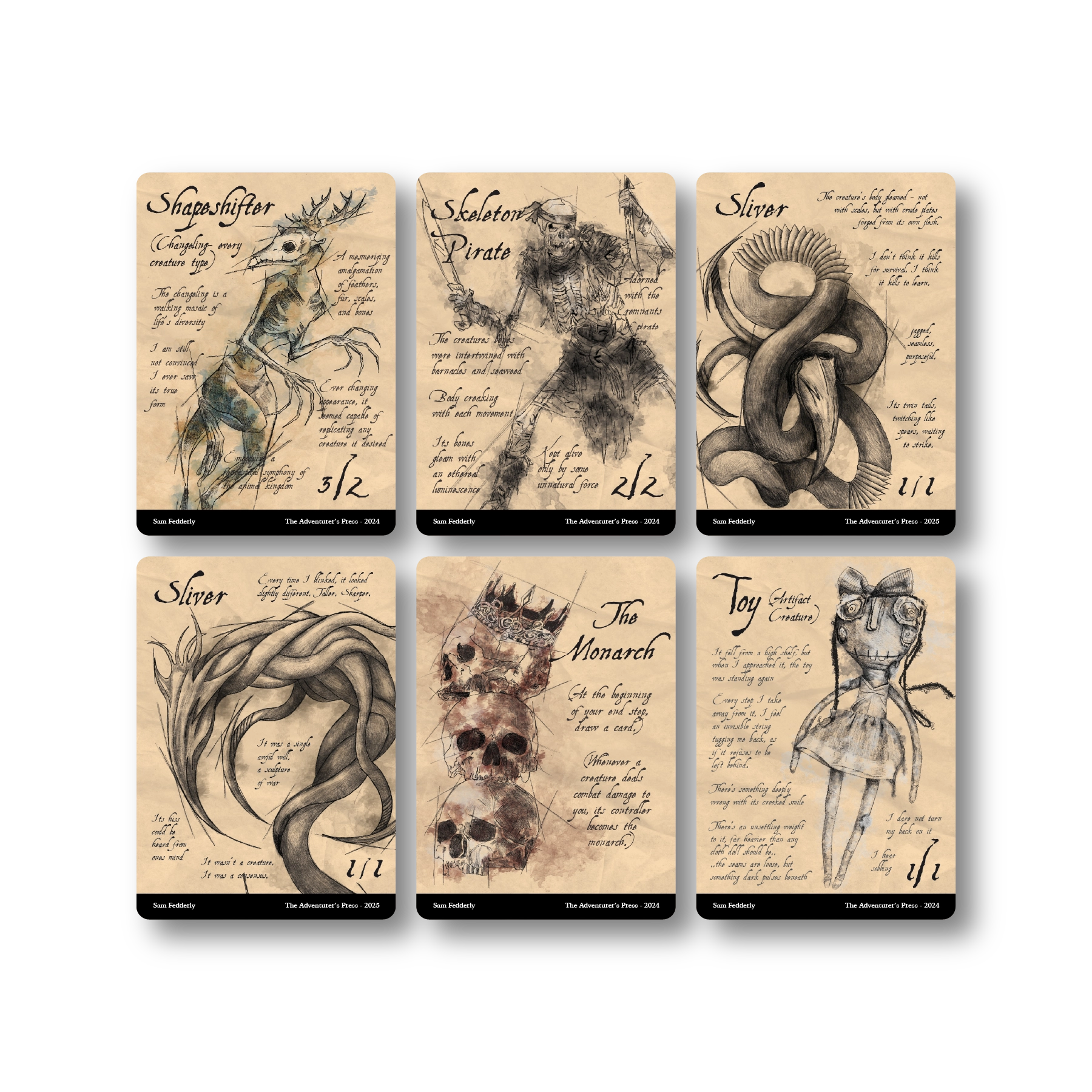 Set of six cards with intricate designs and text on a beige background