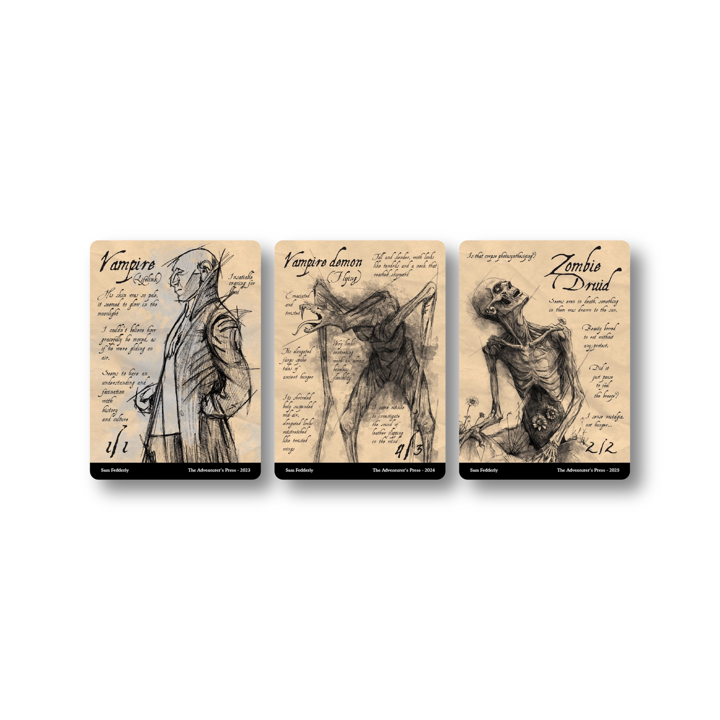 Three cards featuring illustrations of a vampire, a demon, and a zombie on a beige background.