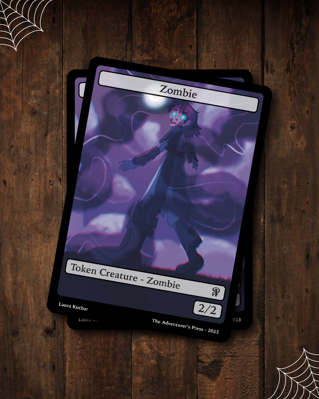 Zombie Token card featuring a zombie token on a wooden surface with spider web designs.