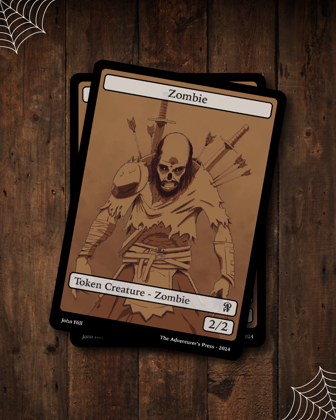 Zombie Token Card featuring a zombie on a wooden surface with spider web designs.